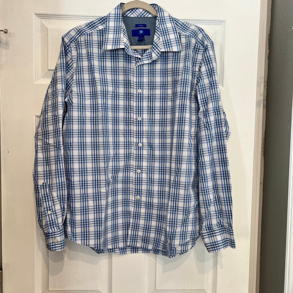 Egara Button Down Shirt 100% Cotton Woven Plaid Blue White Non-Iron Mens Large